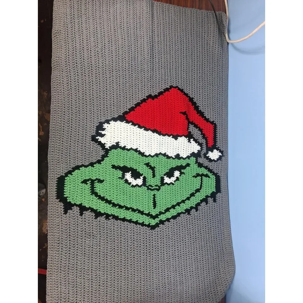 Handmade Crocheted Grinch Blanket 48 × 28 Green Grey Christmas Playful Winter